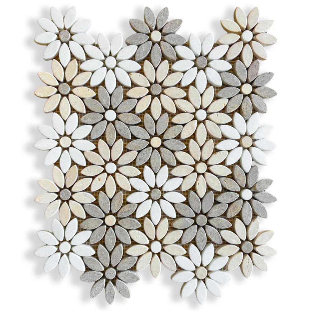 Fiori Di Marmo Crema Serena + Calcare Naturale + Thassos Tumbled Mosaic