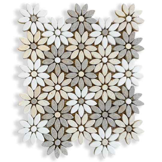 Fiori Di Marmo Crema Serena + Calcare Naturale + Thassos Tumbled Mosaic