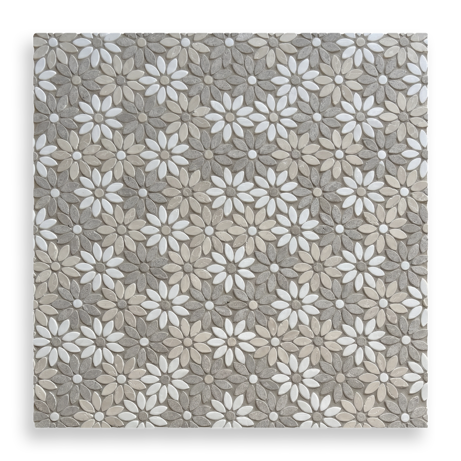 Fiori Di Marmo Crema Serena + Calcare Naturale + Thassos Tumbled Mosaic
