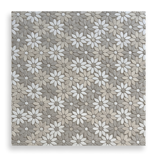 Fiori Di Marmo Crema Serena + Calcare Naturale + Thassos Tumbled Mosaic