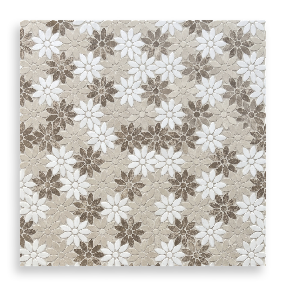 Fiori Di Marmo Dark Emperador + Crema Serena + Thassos Honed Mosaic Lay