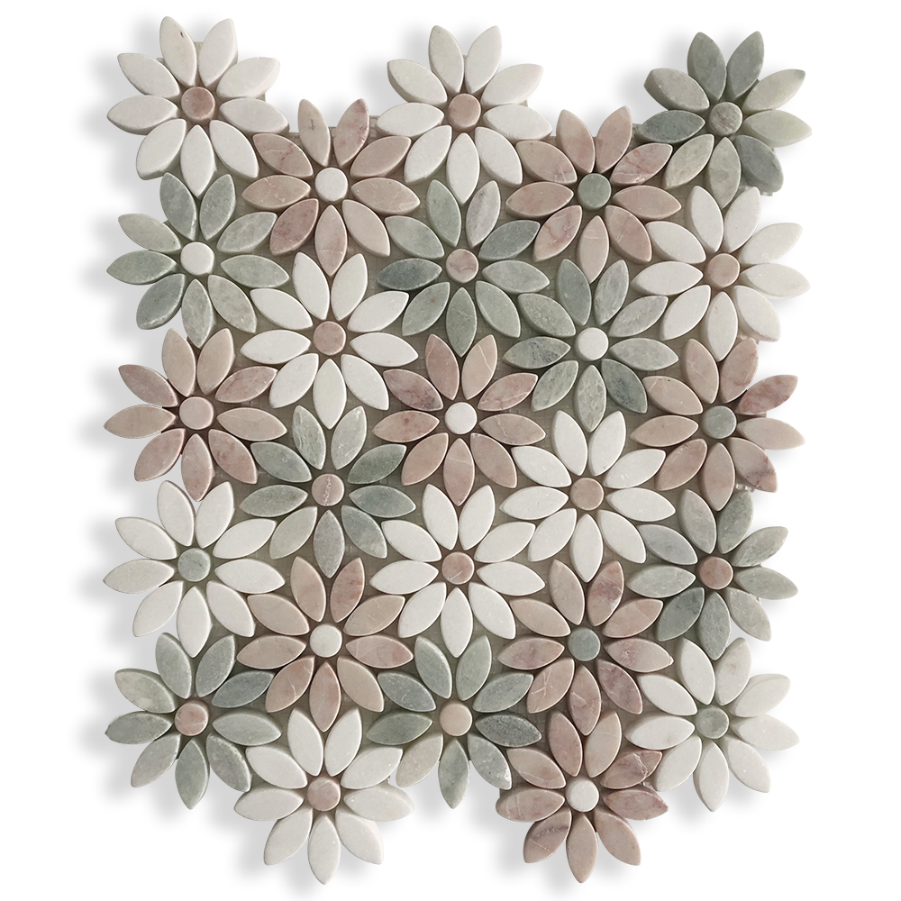 Fiori Di Marmo Rosado + Verdi Cristallo + Thassos Tumbled Mosaic