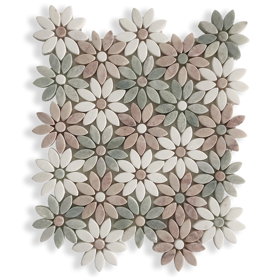 Fiori Di Marmo Rosado + Verdi Cristallo + Thassos Tumbled Mosaic