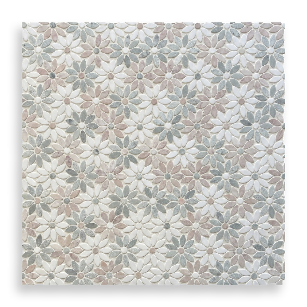 Fiori Di Marmo Rosado + Verdi Cristallo + Thassos Tumbled Mosaic