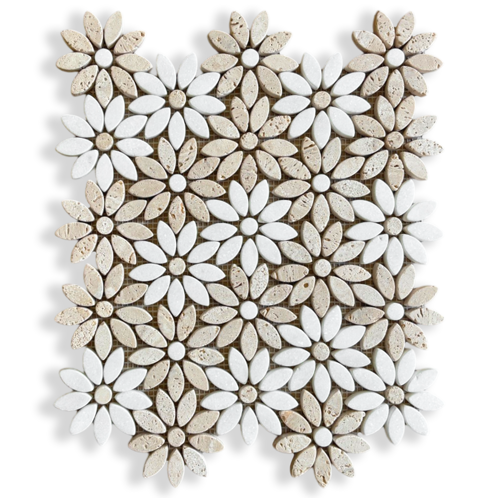Fiori Di Marmo Travertine Classico + Thassos Tumbled Mosaic