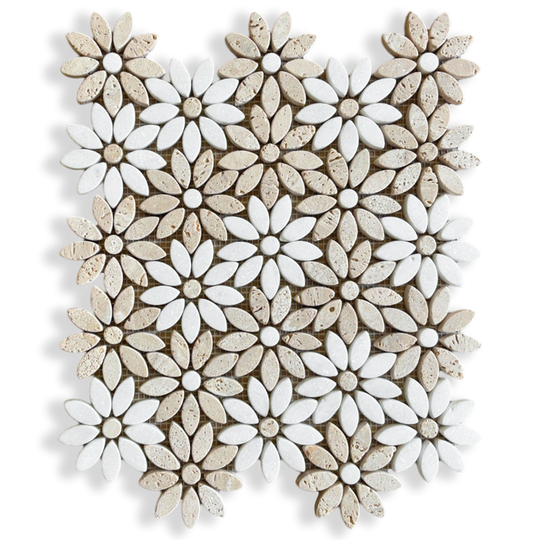 Fiori Di Marmo Travertine Classico + Thassos Tumbled Mosaic