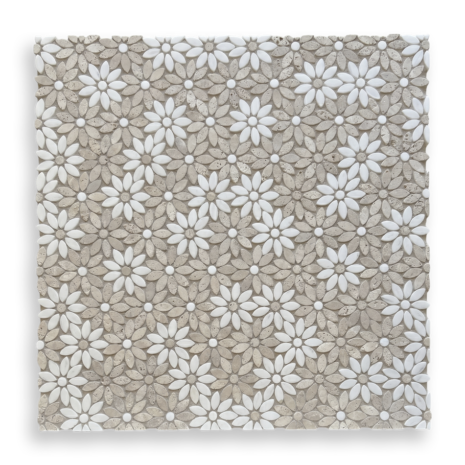 Fiori Di Marmo Travertine Classico + Thassos Tumbled Mosaic