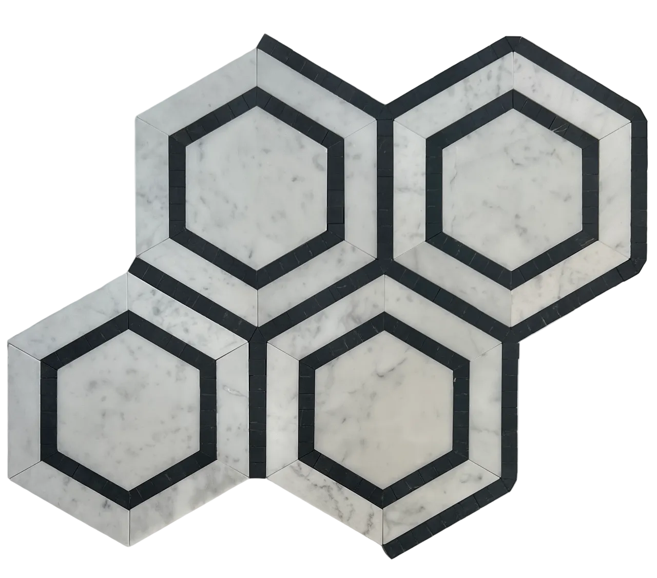 Hexagonal marble tile with black borders on a white background