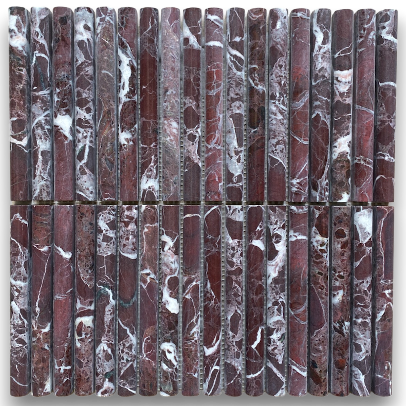 Marble mosaic tile with a red and white pattern on a white background