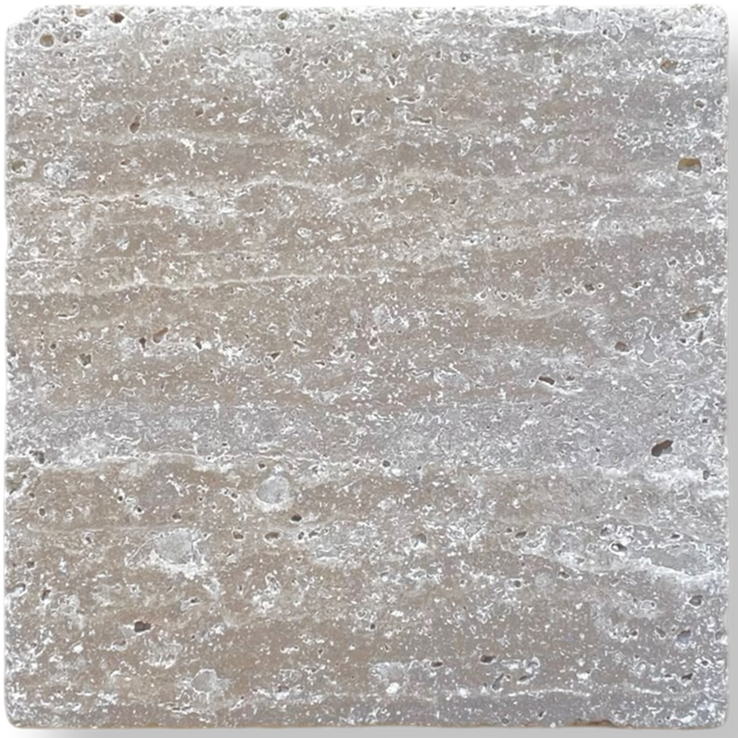 A square stone tile sample with a textured, speckled surface in neutral beige, gray, and white tones, shown on a clean white background with a soft drop shadow.