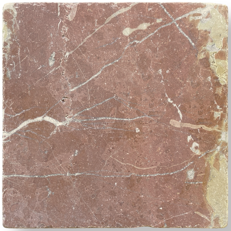 A square stone tile with a reddish-brown surface and natural white and beige veining, shown on a clean white background with a soft drop shadow.