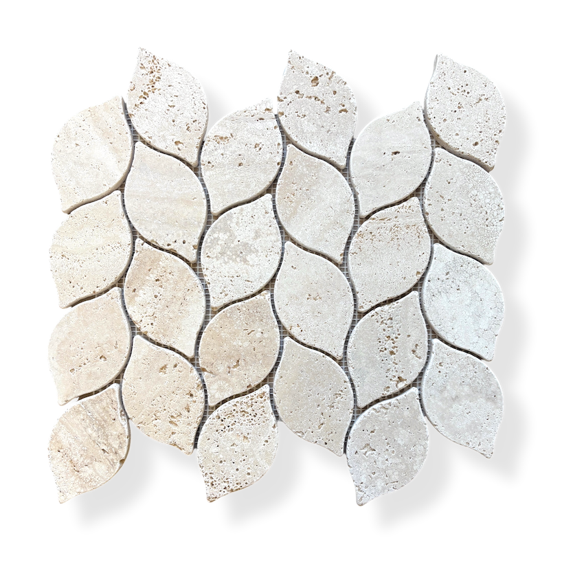 A sheet of overlapping leaf-shaped mosaic tiles in a textured light beige and white stone finish, shown on a clean white background with a soft drop shadow.